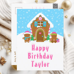 Postal Gingerbread House Pink and Blue Happy Birday