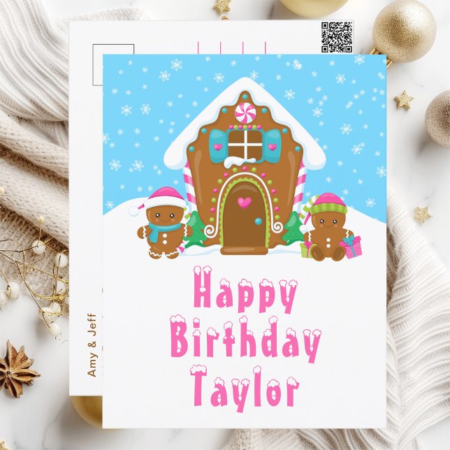 Postal Gingerbread House Pink and Blue Happy Birday (Subido por el creador)
