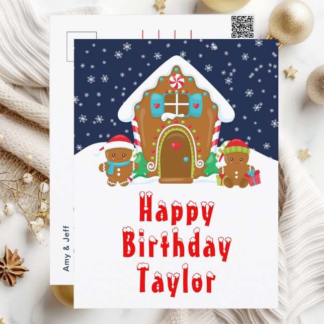 Postal Gingerbread House Red and Navy Feliz cumpleaños (Subido por el creador)
