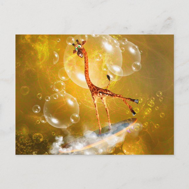 Postal Girafa divertida de surf con olas y burbujas (Anverso)