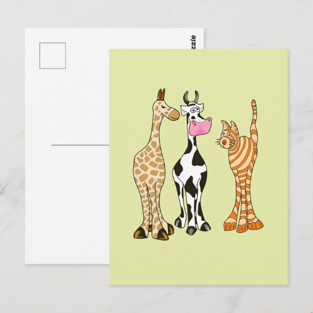 Postal Girafe vache et chat, animaux comiques. (Anverso / Reverso)