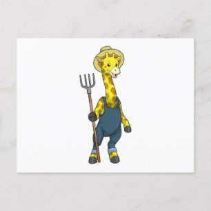 Postal Giraffe como agricultor con horquilla de cocina