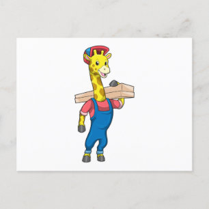 Postal Giraffe como carpintero con madera