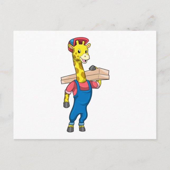 Postal Giraffe como carpintero con madera (Anverso)