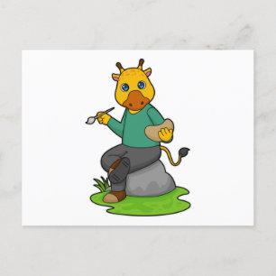 Postal Giraffe como pintor con pincel de pintura