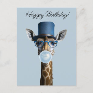 Postal Giraffe con gafas, sombrero superior y chicle azul