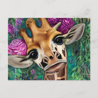 Postal Giraffe con Rosas y acuarela