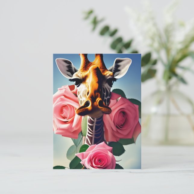 Postal Giraffe divertida y Rosas surrealista (Anverso de pie)