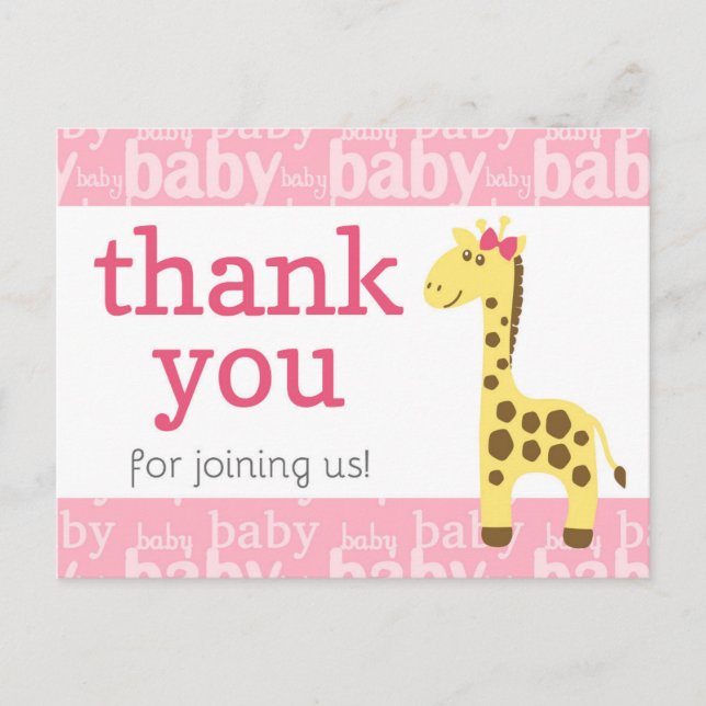 Postal Giraffe en Baby Shower rosado para Chica Gracias (Anverso)