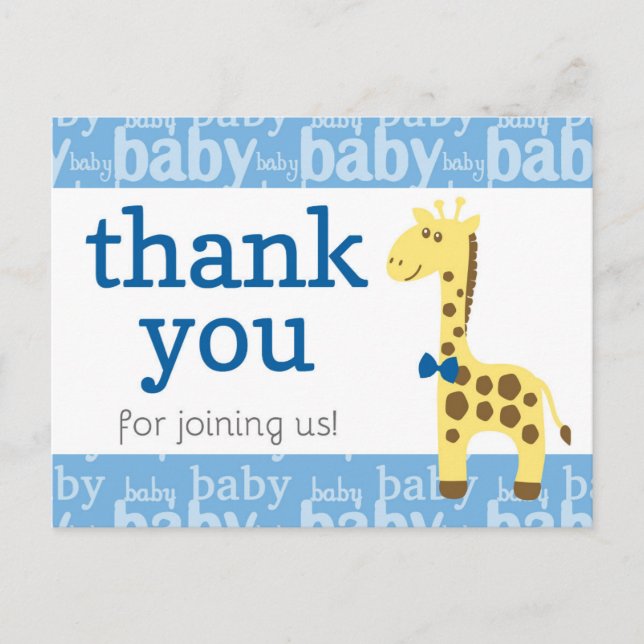 Postal Giraffe en Blue Bow Baby Shower para el niño Graci (Anverso)
