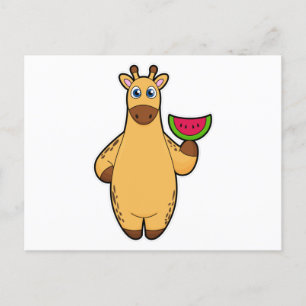 Postal Giraffe en comer con sandía