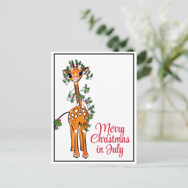Postal Giraffe festivo de vacaciones Feliz Navidad en Jul (Anverso de pie)
