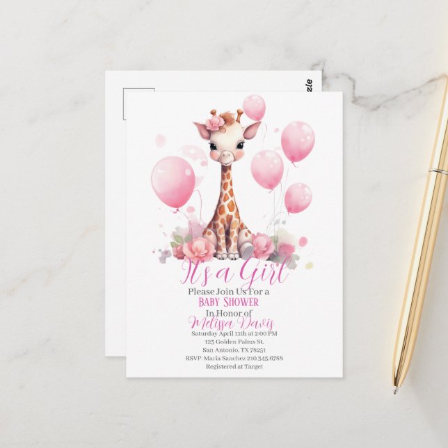 Postal Giraffe Girl Baby Shower Invitation (Anverso/Reverso In Situ)