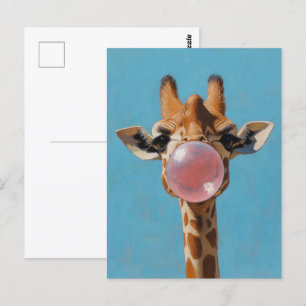 Postal Giraffe ondeando burbuja rosa de burbujas