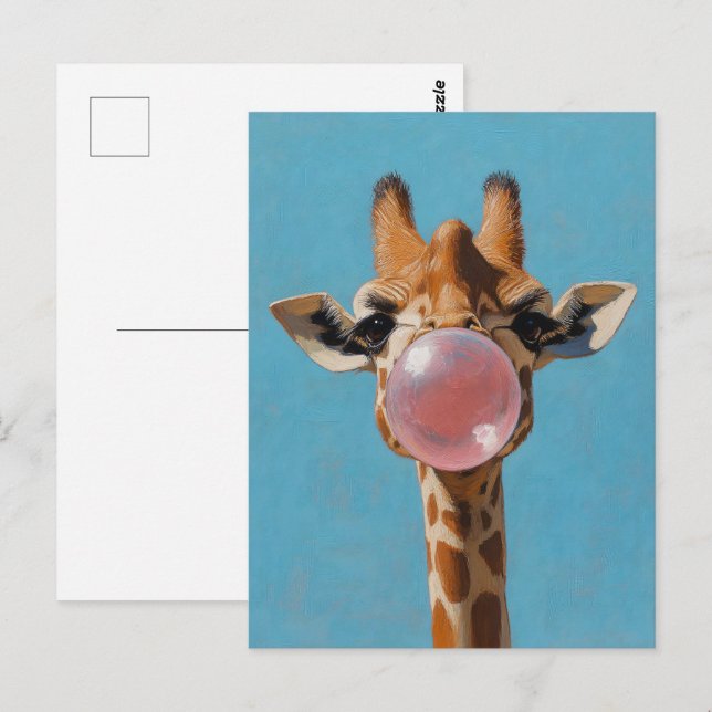 Postal Giraffe ondeando burbuja rosa de burbujas (Anverso / Reverso)