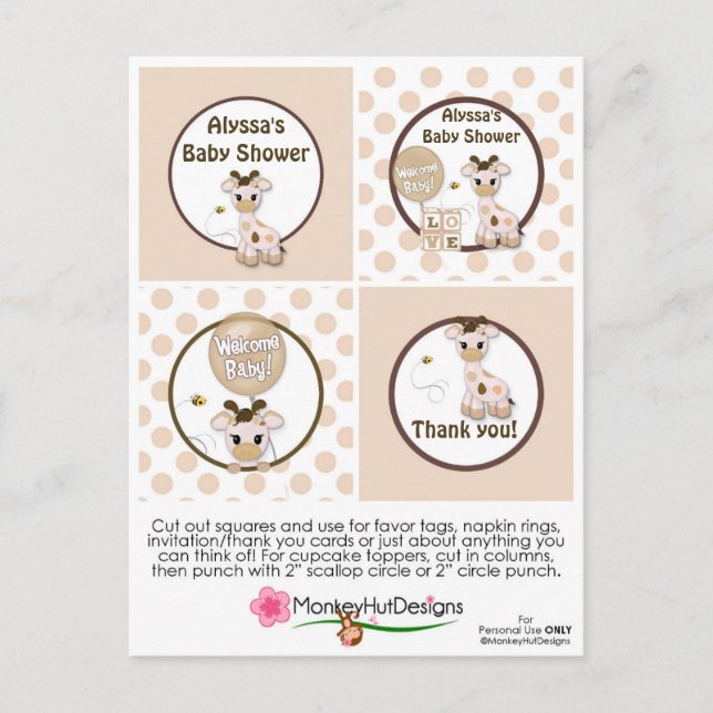 Postal Giraffe Snickerdoodle Baby Shower Cupakes Toppers (Anverso)