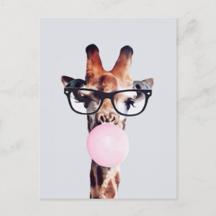 Postal Giraffe Usando Gafas Que Soplan Goma Rosa De Burbu