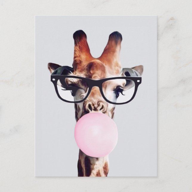 Postal Giraffe Usando Gafas Que Soplan Goma Rosa De Burbu (Anverso)