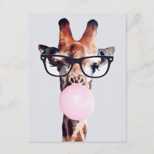 Postal Giraffe Usando Gafas Que Soplan Goma Rosa De Burbu