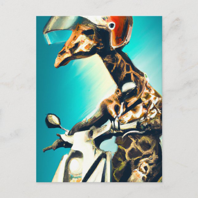 Postal Giraffe vistiendo casco en motocicleta arte modern (Anverso)