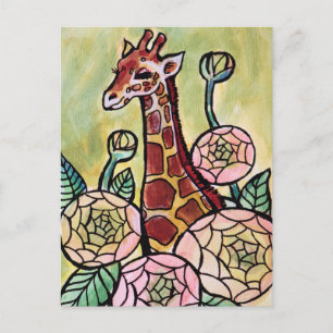 Postal Giraffe y flores Giraffes ilustracion florido