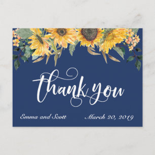 Postal Girasol Azul Marino Agradecimiento Boda Script