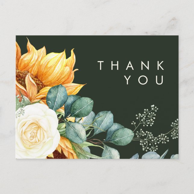 Postal Girasol Campestre | Agradecimiento de Boda Verde O (Anverso)