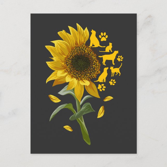 Postal Girasol con arte felino canino de perro y gato (Anverso)