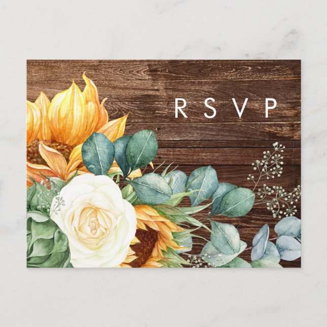 Postal Girasol de país en negrita | Wood Wedding RSVP (Anverso)