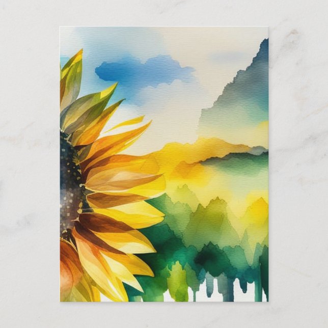Postal Girasol, paisaje natural, arte acuarela (Anverso)