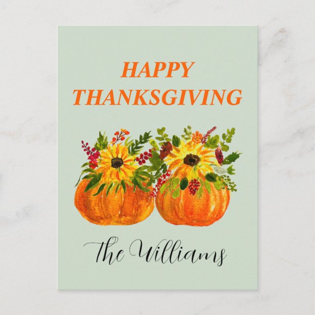 Postal Girasoles acuarela de Acción de Gracias Calabazas  (Anverso)