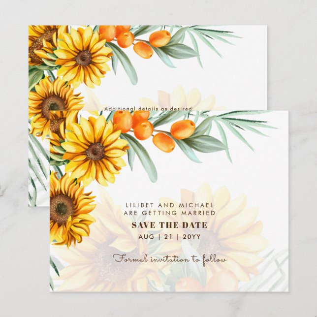 Postal Girasoles Boho Boda Rústica GUARDAR LAS FECHAS (Anverso / Reverso)