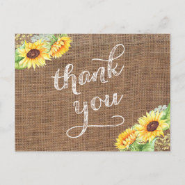 Postal Girasoles de verano tardío Gracias Burlap Postcard
