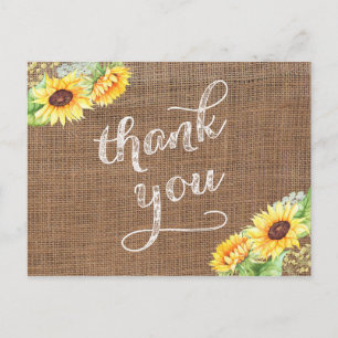 Postal Girasoles de verano tardío Gracias Burlap Postcard