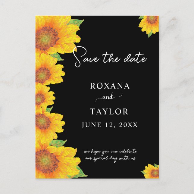 Postal Girasoles Elegantes Fondo Negro Save the Date (Anverso)