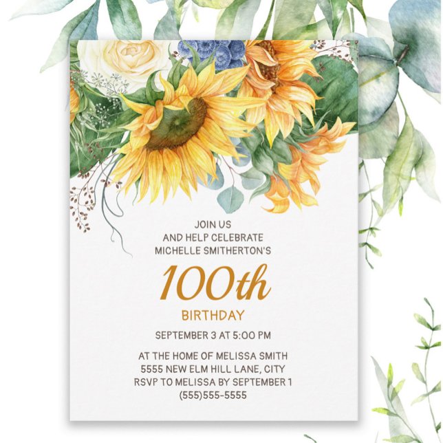 Postal Girasoles Eucalipto Cumpleaños 100 (Sunflowers and eucalyptus 100th birthday party invitation)