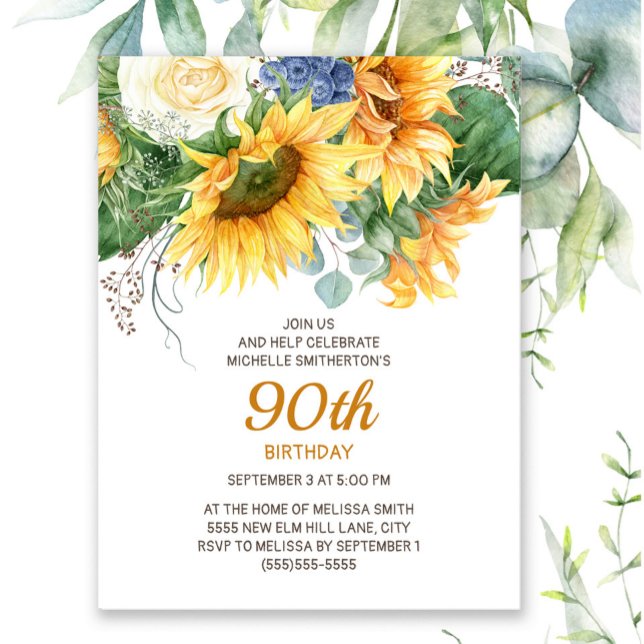 Postal Girasoles Eucalipto Cumpleaños 90 (Sunflowers and eucalyptus leaves women's 90th birthday party invitation)