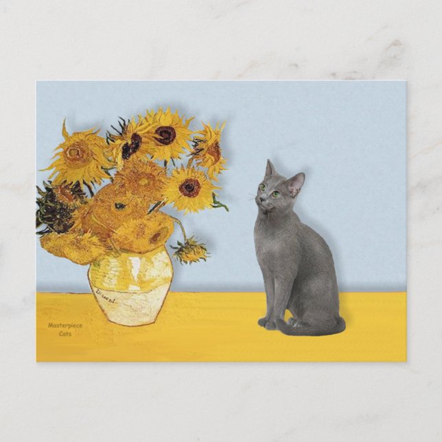 Postal Girasoles - gato Azul Ruso (Anverso)