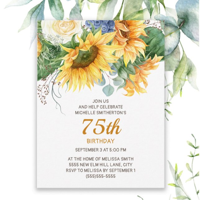 Postal Girasoles Personalizados Eucalipto 75 Cumpleaños (Sunflowers and eucalyptus women's 75th birthday invitation)