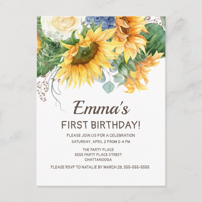 Postal Girasoles personalizados Eucalipto Cumpleaños 1 (Anverso)