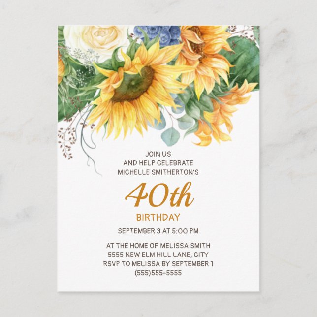 Postal Girasoles Personalizados Eucalipto Cumpleaños 40 (Anverso)