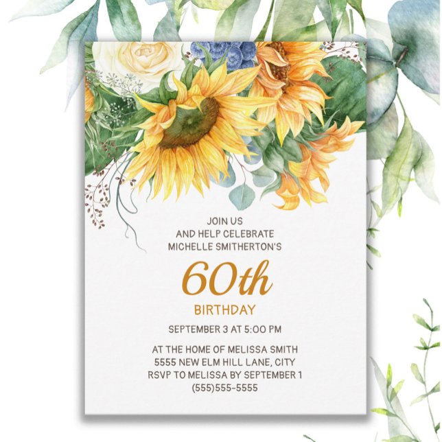 Postal Girasoles Personalizados Eucalipto Cumpleaños 60 (Sunflowers and eucalyptus 60th birthday invitation)