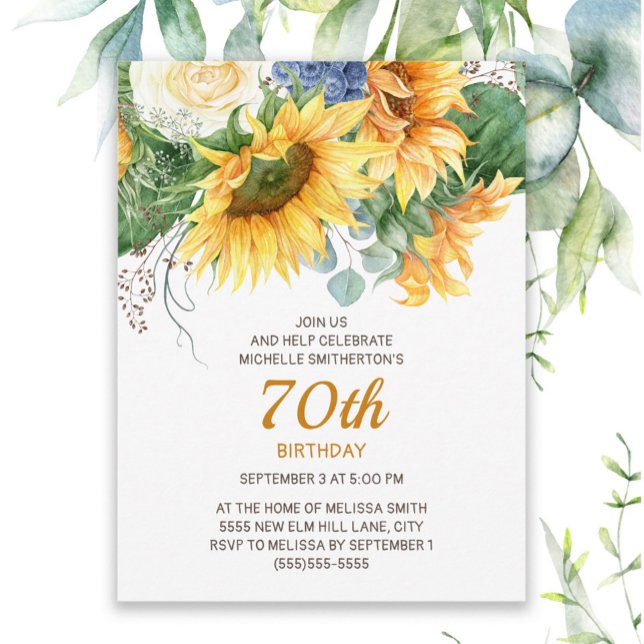 Postal Girasoles Personalizados Eucalipto Cumpleaños 70 (Sunflowers and eucalyptus women's 70th birthday party postcard invitation)