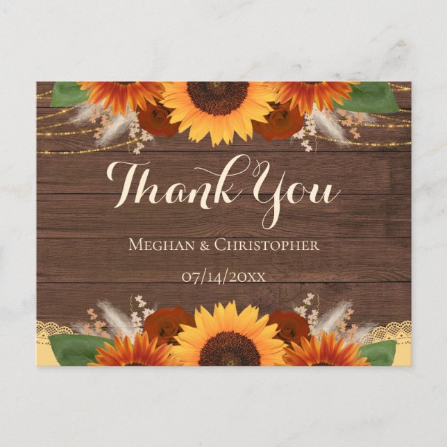 Postal Girasoles Rústicos Rosas Boho Agradecimiento de Bo (Anverso)
