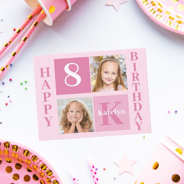 Postal Girl Photo Cute Pink Happy Birthday Monogram (Subido por el creador)