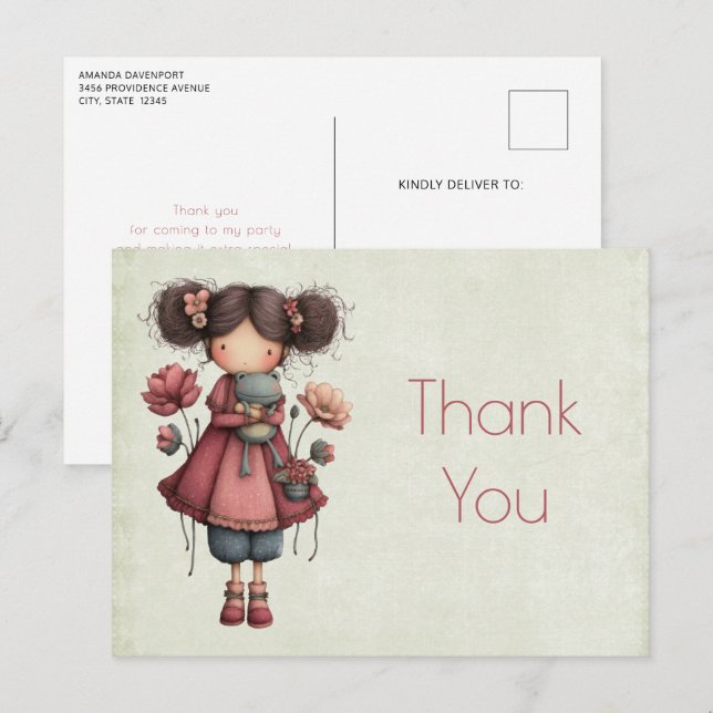 Postal Girl with A Frog Doll Cute Whimsical Thank You (Anverso / Reverso)