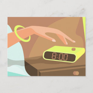Postal Girls hand pushing on alarm clock snooze button