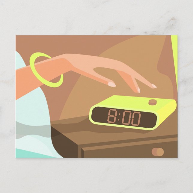 Postal Girls hand pushing on alarm clock snooze button (Anverso)