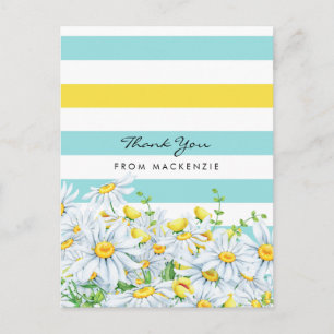 Postal Girly Aqua Stripes Con Daisises Amarillos Gracias