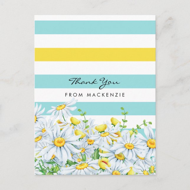 Postal Girly Aqua Stripes Con Daisises Amarillos Gracias (Anverso)